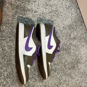 Jordan Men's White and Olive Sneakers with Purple Highlights